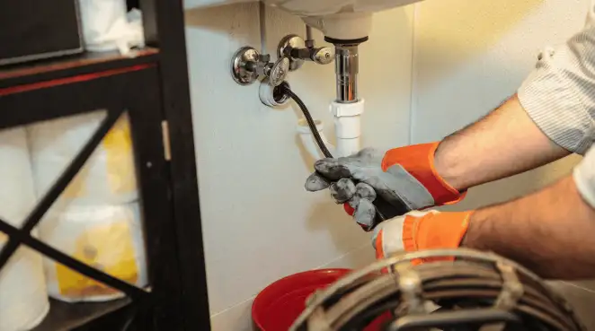 Drain cleaning technician using a motorized plumbing snake to clear a clogged sink pipe in Manchester, NH